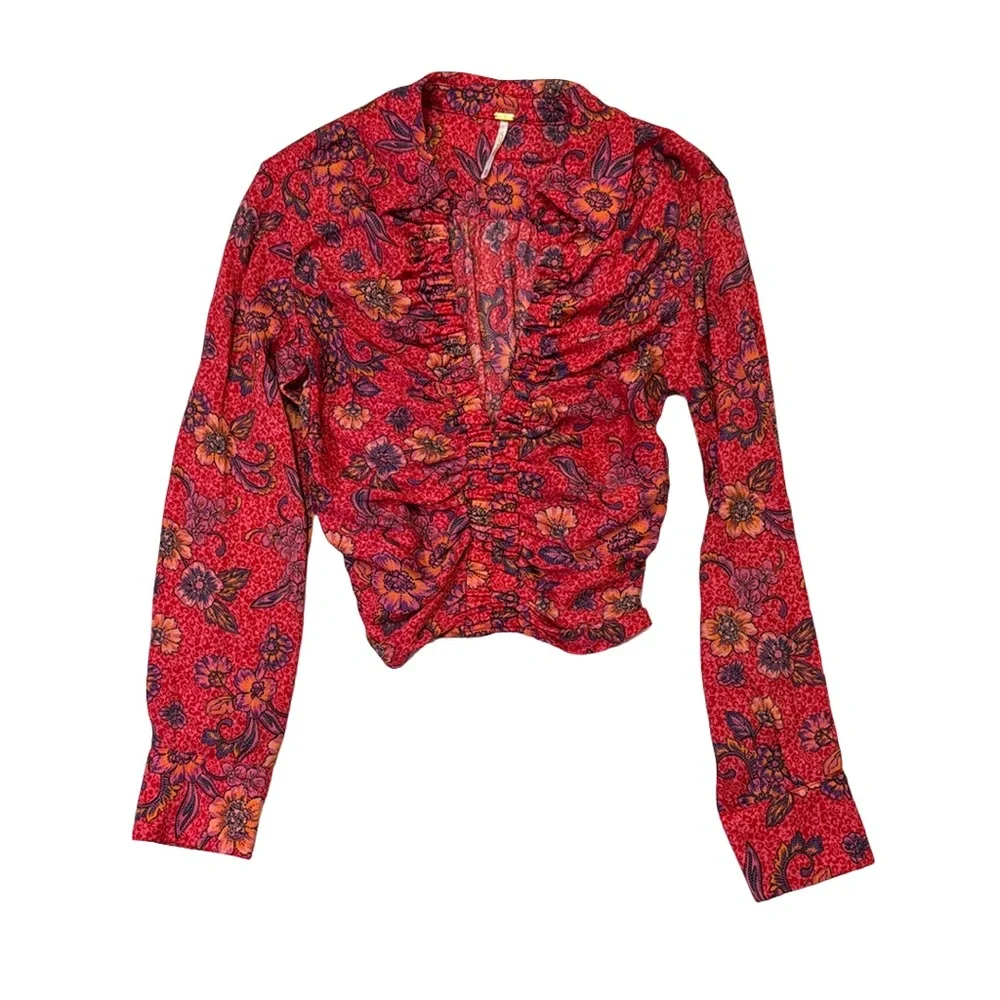 Free people womens XS I got you printed floral top polyester blouse in ruby red